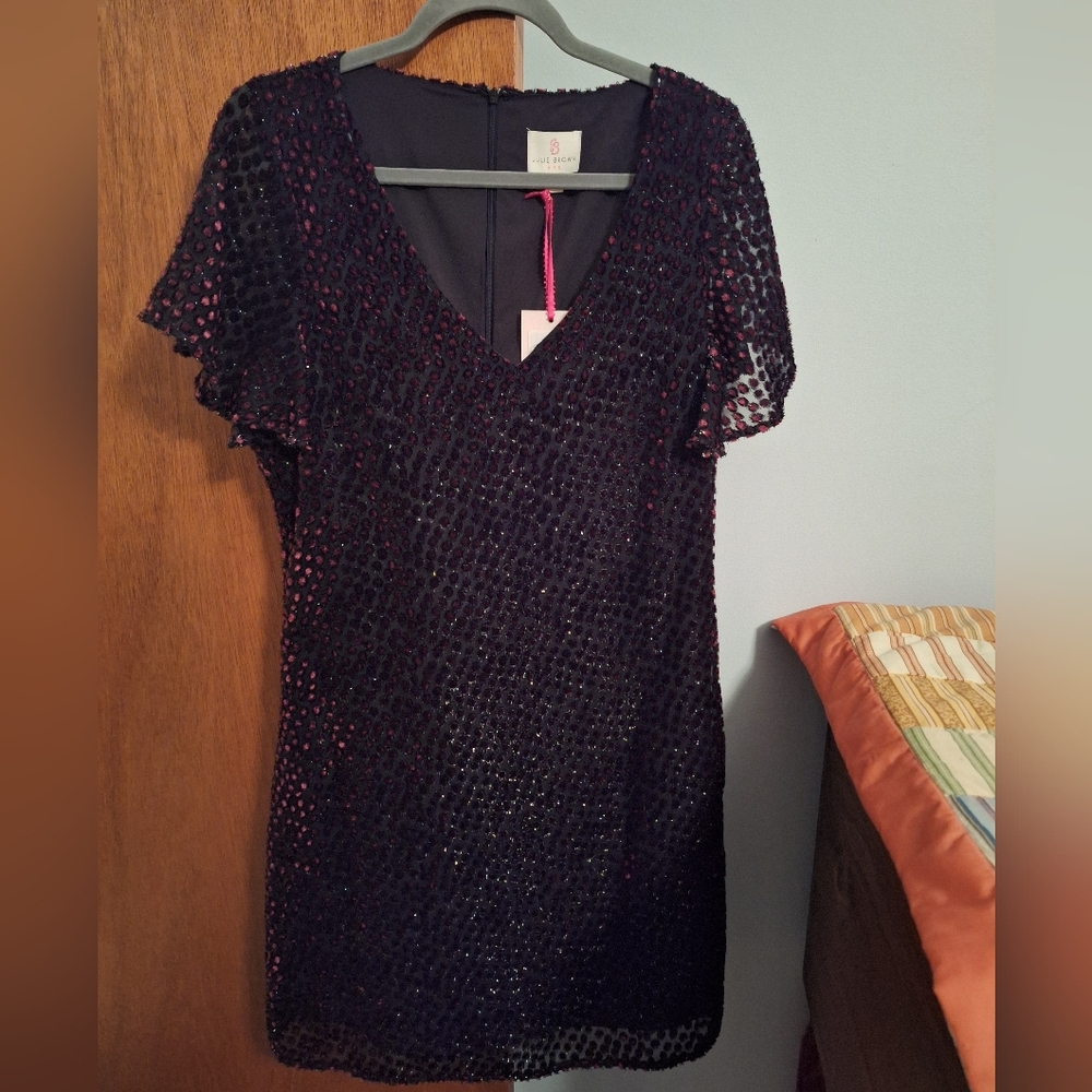 Julie Brown NWT Women's Black V-neck Lined Dress With Red Accents Size 8